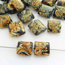 16mm Square Lampwork Glass Bead - Amber Brown Swirl - Pack of 2