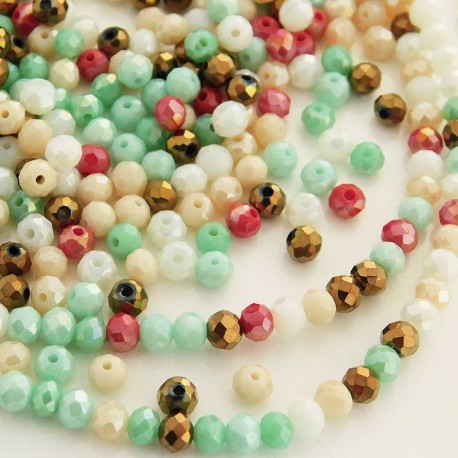3mm x 4mm Crystal Glass Rondelles - Green Red Cream Mix - Pack of 100